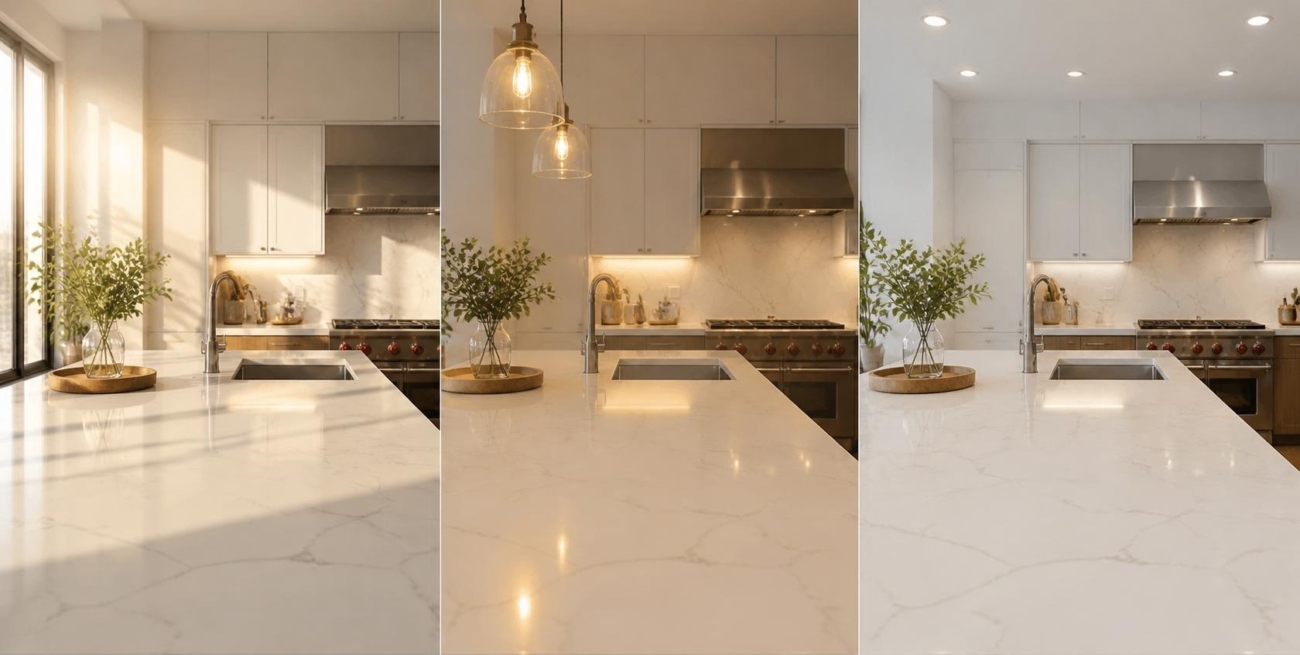 A side-by-side comparison of the same white quartz countertop with subtle grey veining in a modern kitchen