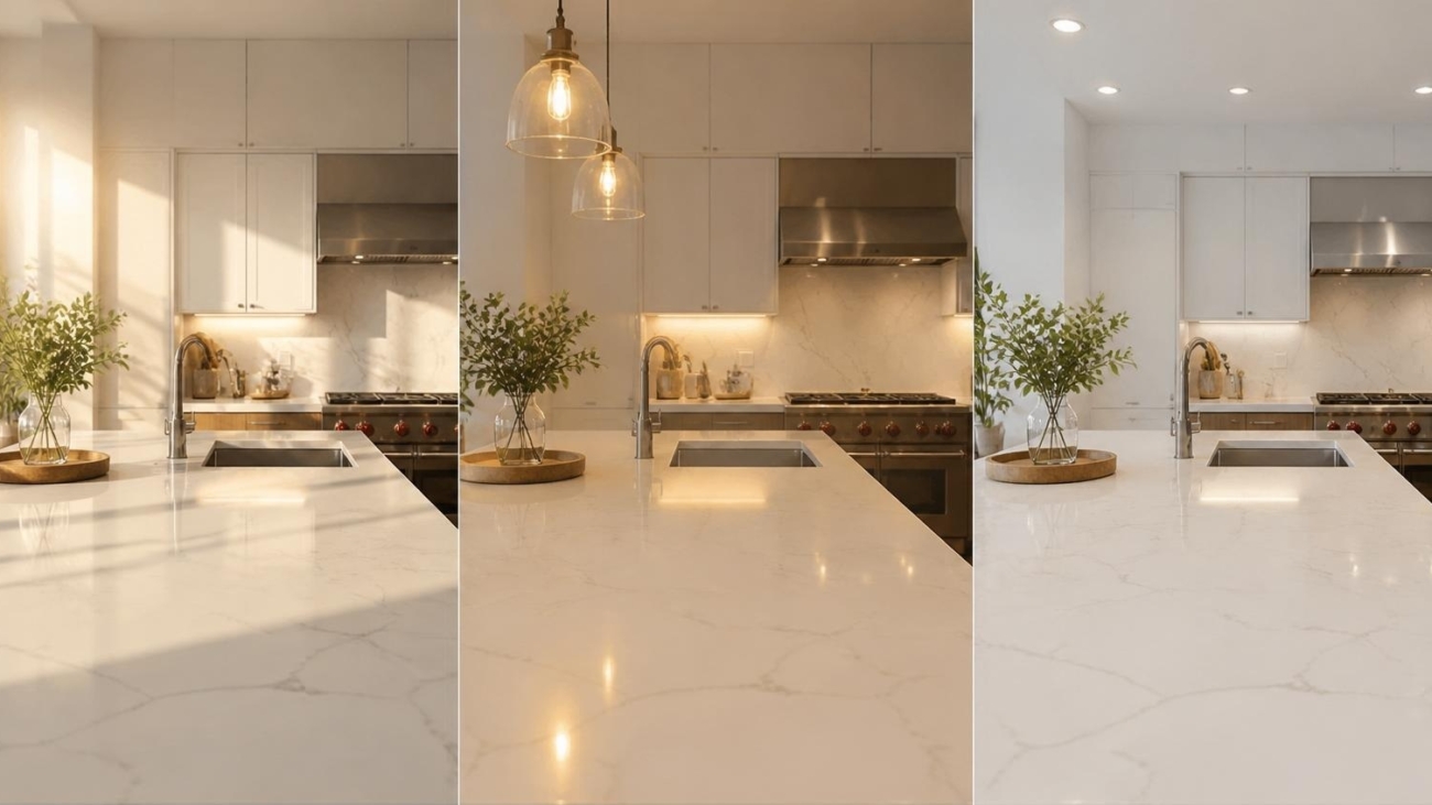 A side-by-side comparison of the same white quartz countertop with subtle grey veining in a modern kitchen