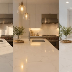 A side-by-side comparison of the same white quartz countertop with subtle grey veining in a modern kitchen