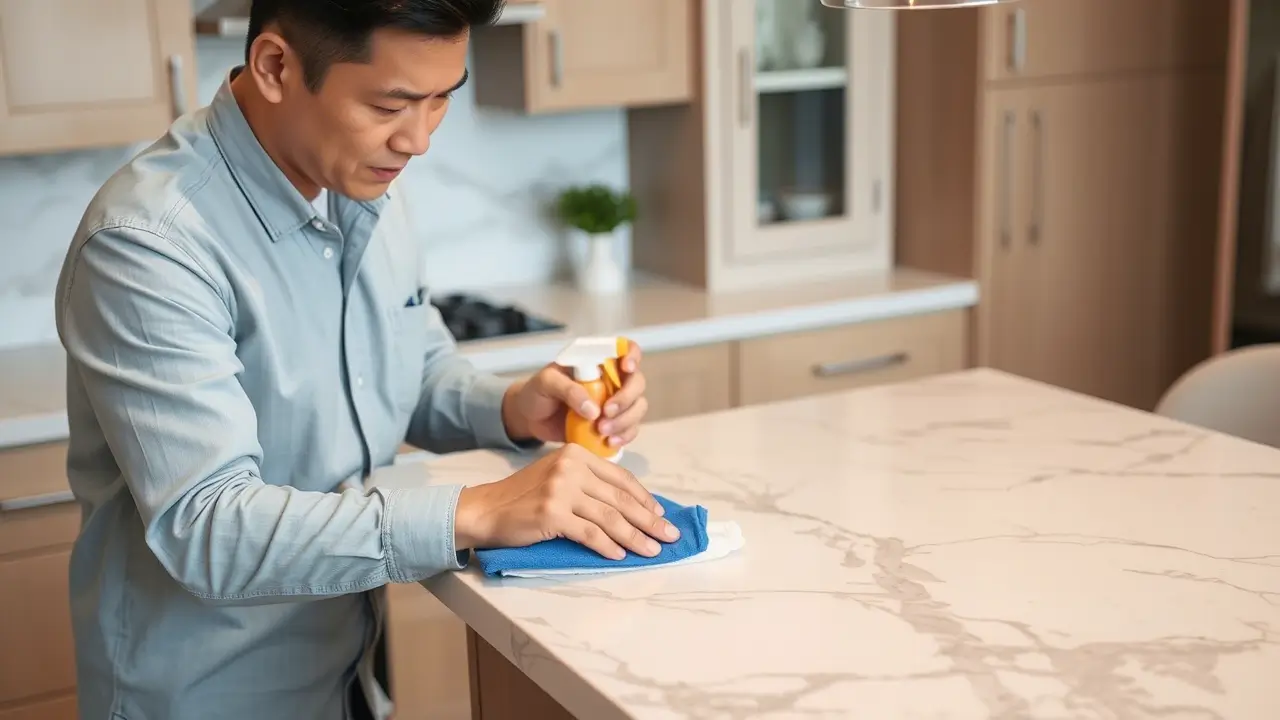 Asian guy prevent home kitchen cabinet marble from scratches.