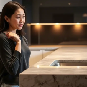 Asian lady looking at kitchen cabinet Caesarstone a real stone