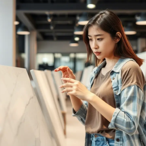 Asian looking at quartz stone and think why so expensive
