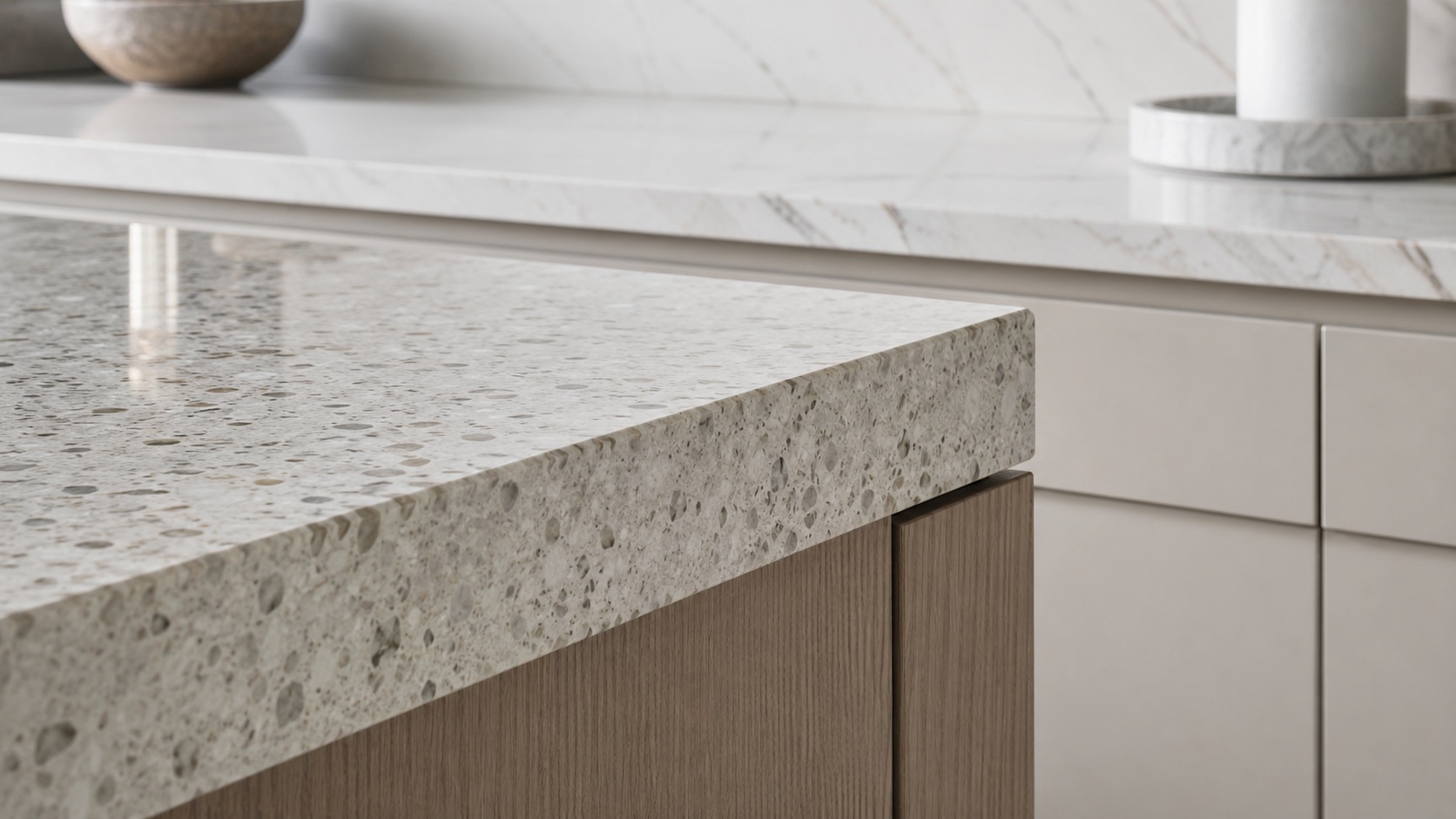 Kitchen Island Countertop: Should You Match or Mix Materials? 1 Close up of Kitchen Island Countertop stone texture and edge craftsmanship for choosing matching or mixed countertop materials