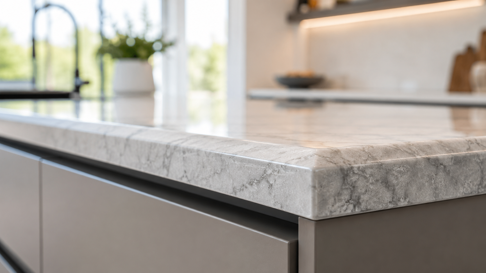 How to Choose the Right Countertop Edge Profile for Your Kitchen 1 Close up of polished quartz stone craftsmanship highlighting a smooth Countertop Edge Profile for kitchen countertop selection