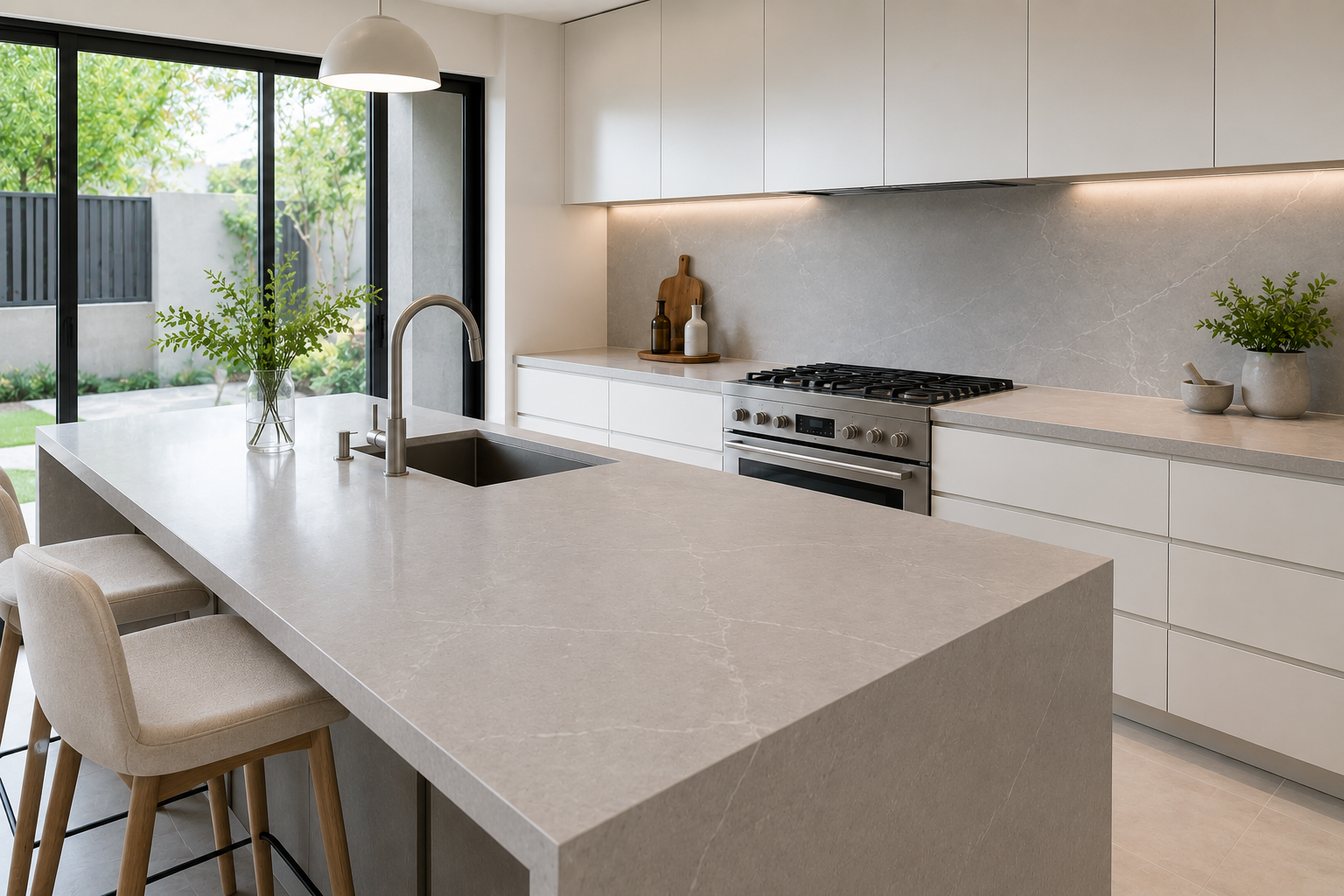 How to Match Your Kitchen Countertop with Cabinet Colours 2 Grey Quartz Countertop with White Kitchen Cabinets
