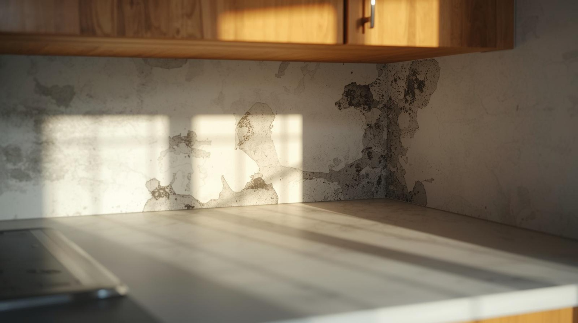 Mold growing inside kitchen cabinets caused by moisture buildup