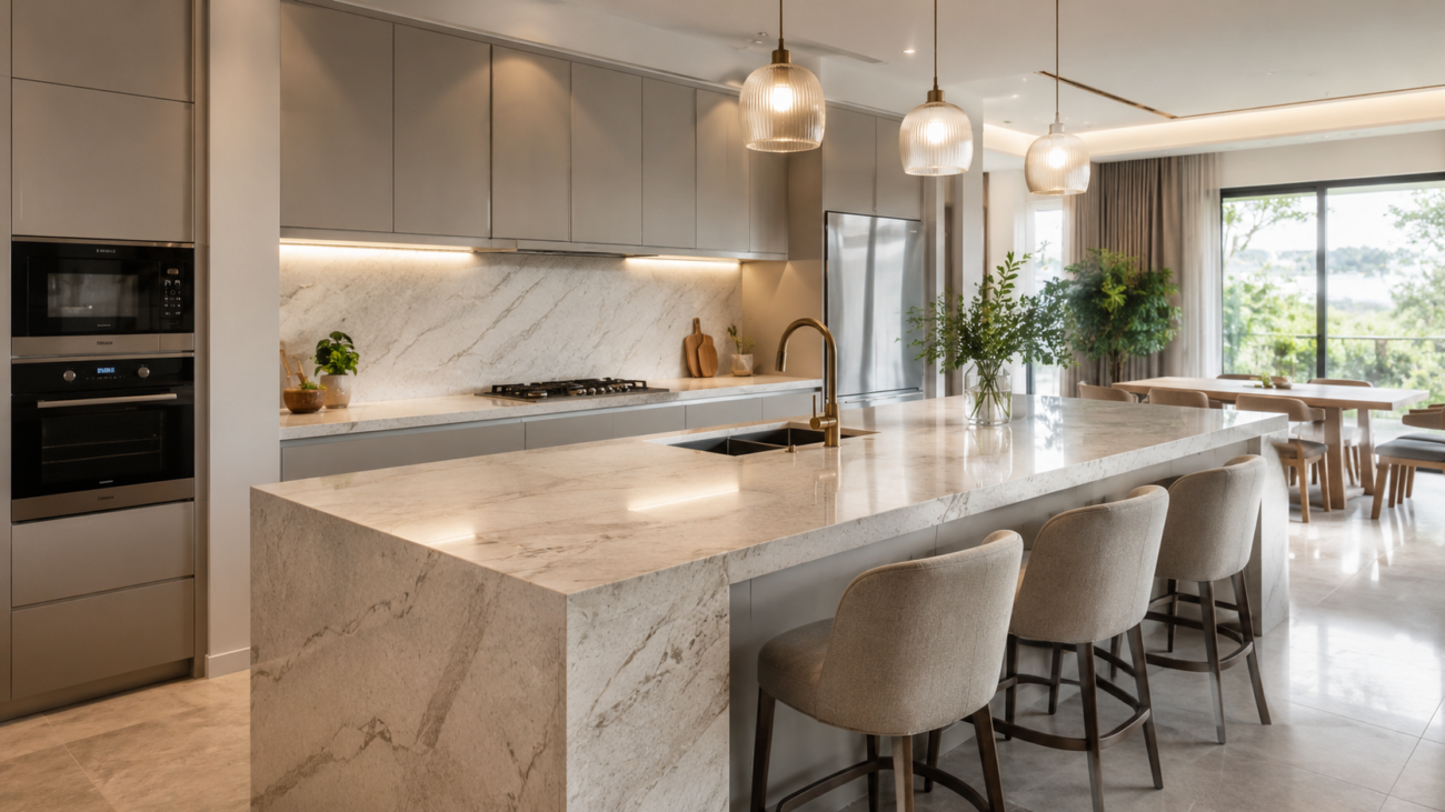 Kitchen Countertop Trends Malaysia 2025 featuring a luxurious modern kitchen with premium quartz countertop and elegant cabinetry