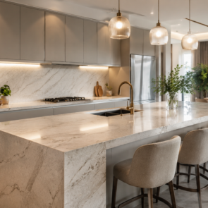 Kitchen Countertop Trends Malaysia 2025 featuring a luxurious modern kitchen with premium quartz countertop and elegant cabinetry