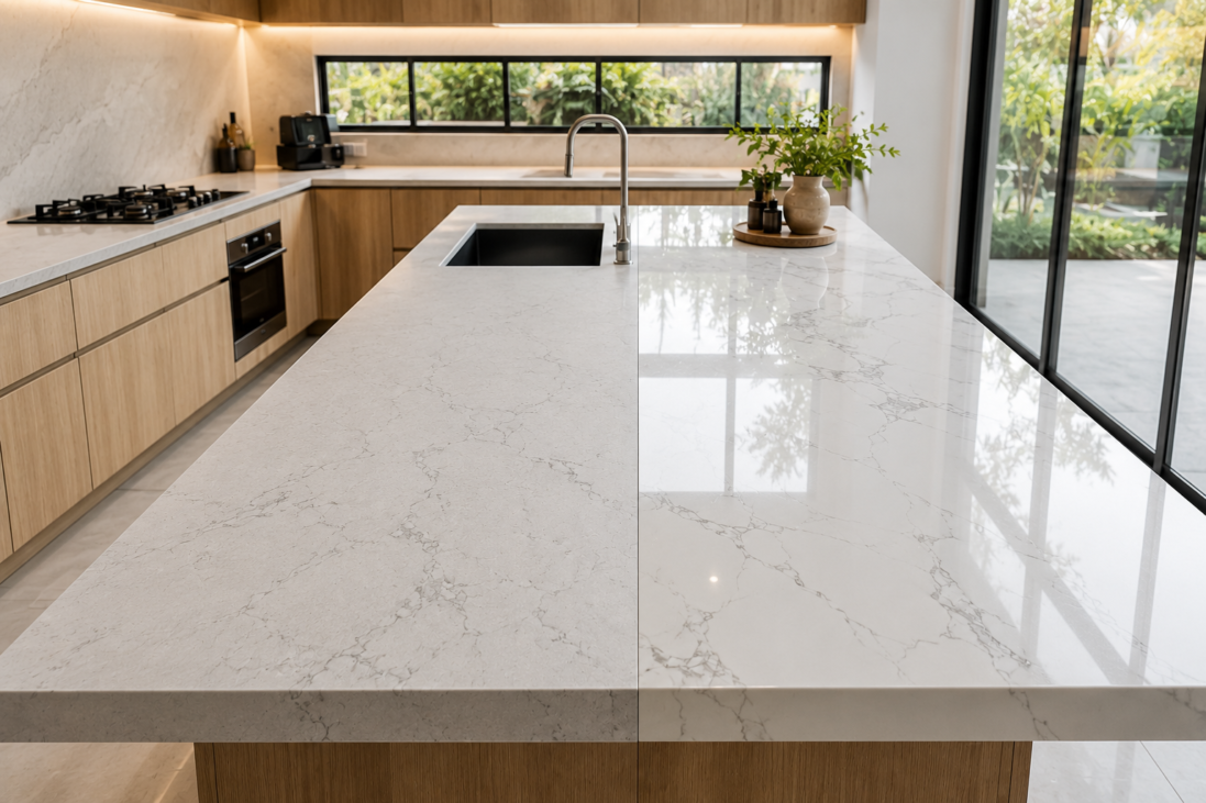 Matte quartz countertop in a modern Malaysian kitchen