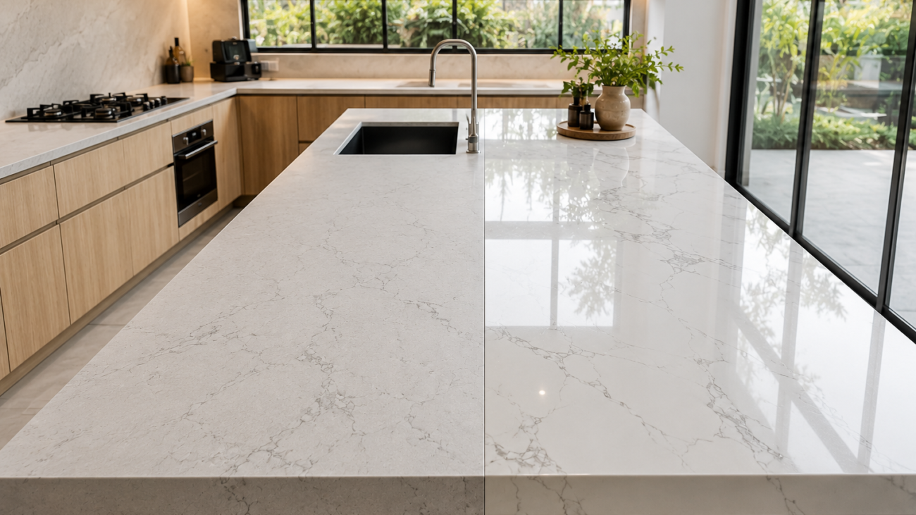 Matte quartz countertop in a modern Malaysian kitchen