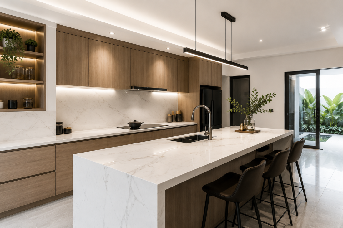 Quartz countertops in a modern Malaysian kitchen