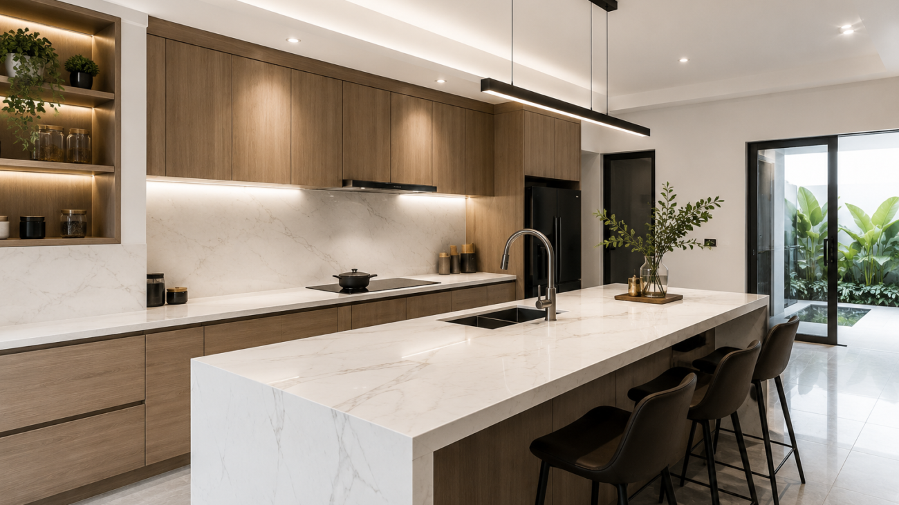 Quartz countertops in a modern Malaysian kitchen