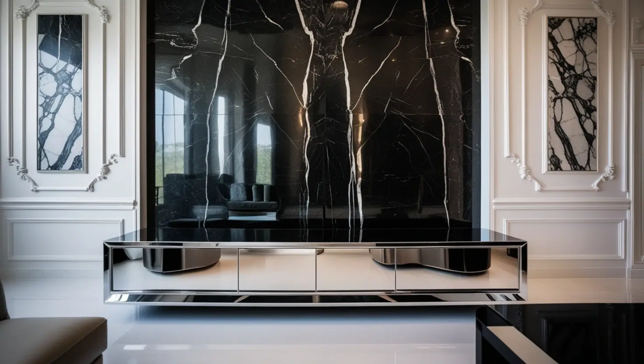 TV Console in the Living Room with Black Marble Stone wall