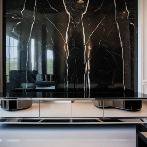 TV Console in the Living Room with Black Marble Stone wall