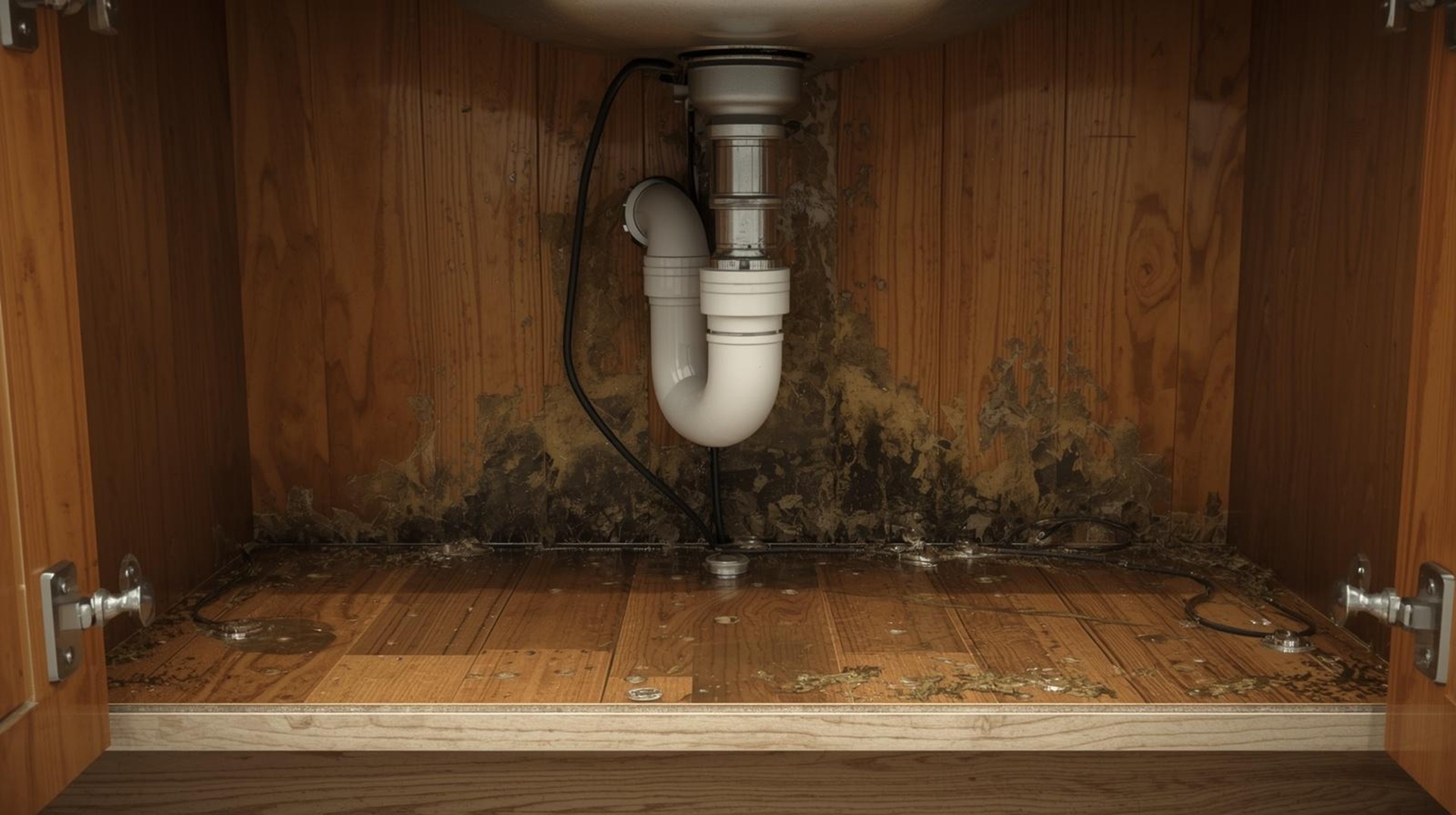 Mold growing inside kitchen cabinets caused by moisture buildup