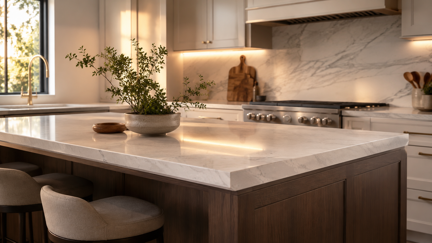 How to Choose the Right Countertop Edge Profile for Your Kitchen 2 Warm completed kitchen renovation featuring premium cabinetry and a refined Countertop Edge Profile on a stone island