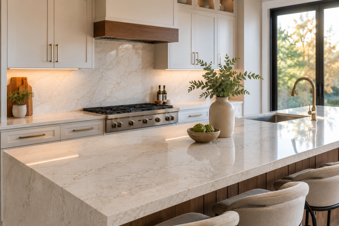 Warm completed kitchen renovation with elegant countertops for a Countertop Installation Guide