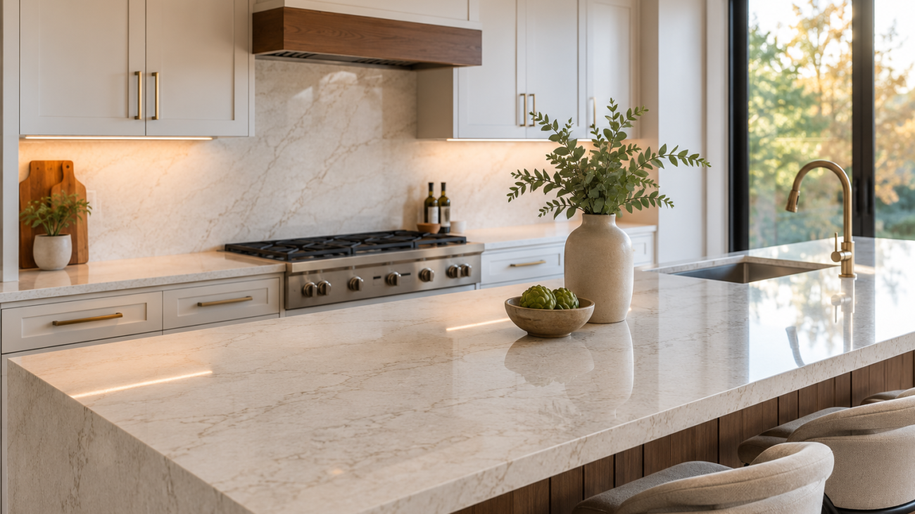 Warm completed kitchen renovation with elegant countertops for a Countertop Installation Guide