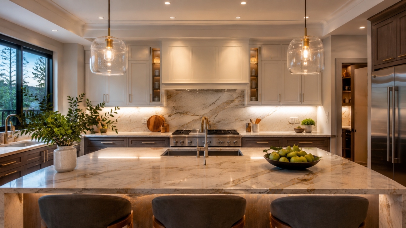 Warm completed kitchen renovation with elegant Kitchen Island Countertop and coordinated premium cabinetry design