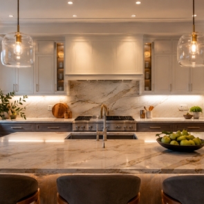 Warm completed kitchen renovation with elegant Kitchen Island Countertop and coordinated premium cabinetry design