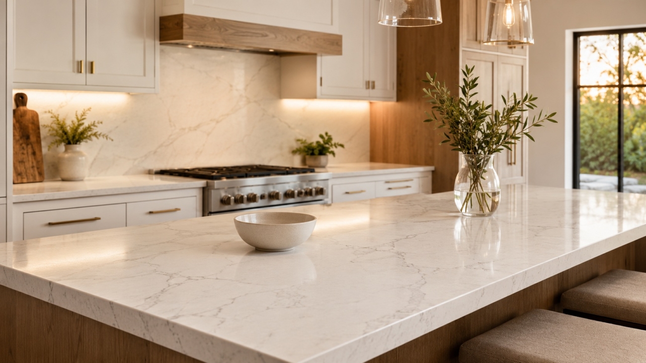 Warm completed kitchen renovation with flawless quartz surface after Repair Quartz Countertop service