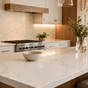 Warm completed kitchen renovation with flawless quartz surface after Repair Quartz Countertop service
