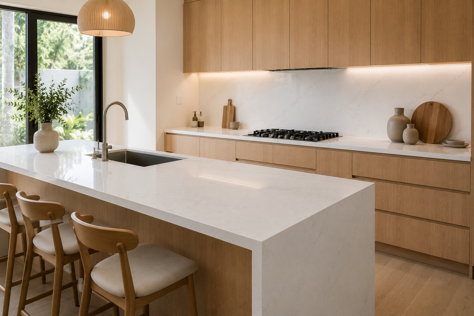 How to Match Your Kitchen Countertop with Cabinet Colours 1 White Kitchen Countertop with Natural Wood Cabinets