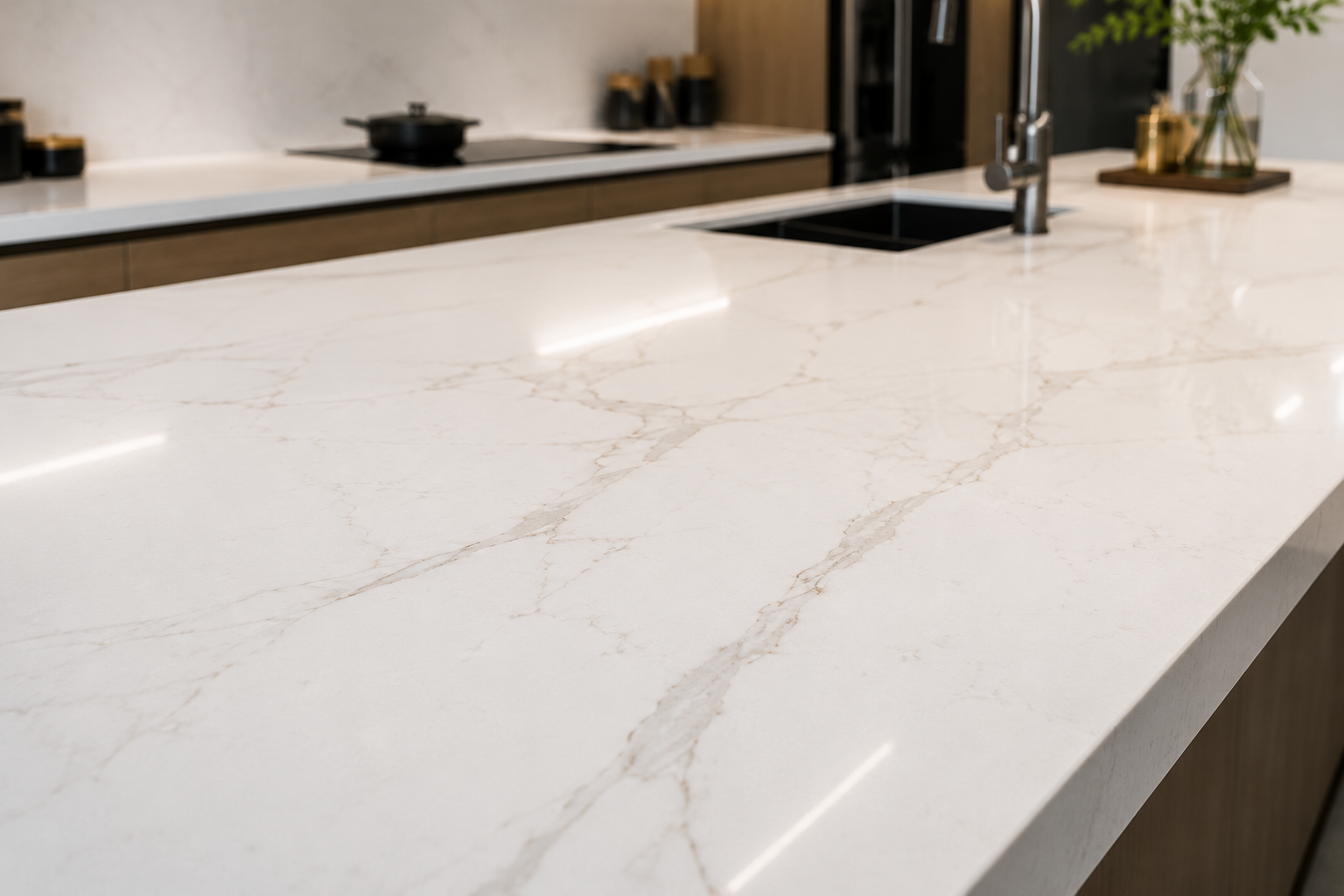 White quartz kitchen island countertop