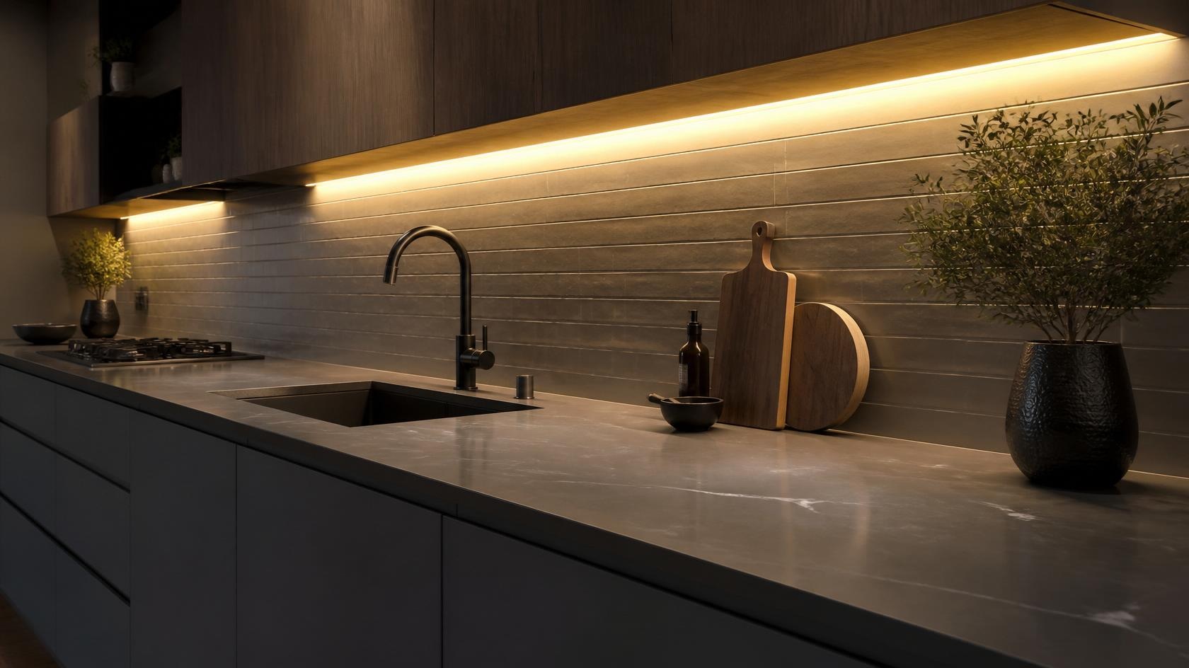 How Lighting Affects the Look of Your Quartz Countertop 2 continuous linear under cabinet LED strip lights